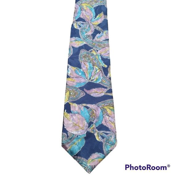 Oscar de la Renta Neckwear Couture Collection Navy Blue Pink Leaf Tie - Picture 1 of 5